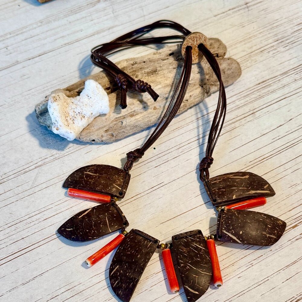 Handcrafted Coconut Shell and Coral Bead Necklace